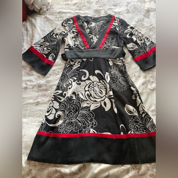 Bebe Vintage Silk Blend Red Black Y2K Plunge Babydoll Mini Dress Small Retro 70s - Picture 1 of 9